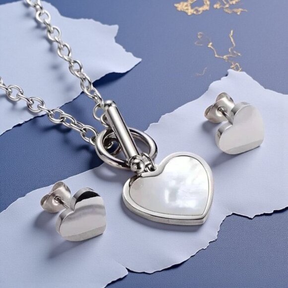 🆕️18K White Gold Plated Heart Jewelry Set 💖 Earrings & Necklace w/ Shell Inlay - Picture 10 of 12